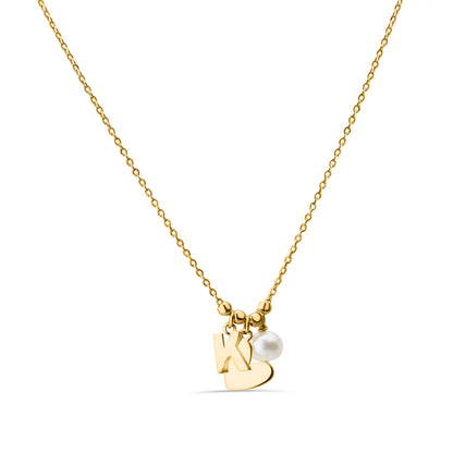 GIOVE MIO Cadena con Dijes de Corazón, K y Perla en Plata 925 Bañada en Oro Amarillo de 18Kt con Perla. Plata 925 Bañada en Oro 18Kt / Amarillo / 9X8MM