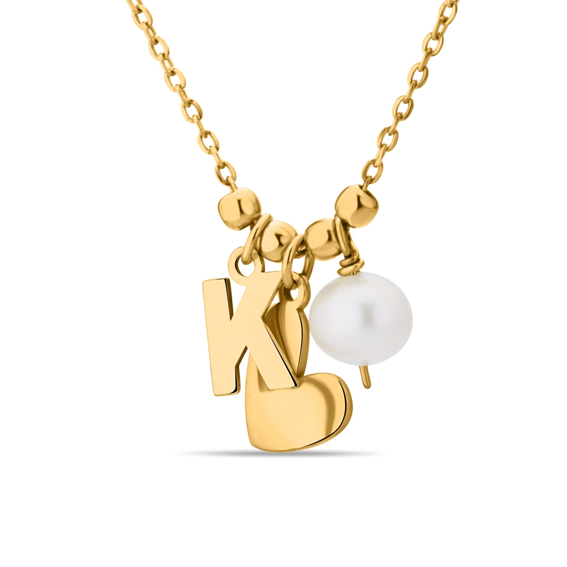 GIOVE MIO Cadena con Dijes de Corazón, K y Perla en Plata 925 Bañada en Oro Amarillo de 18Kt con Perla. Plata 925 Bañada en Oro 18Kt / Amarillo / 9X8MM