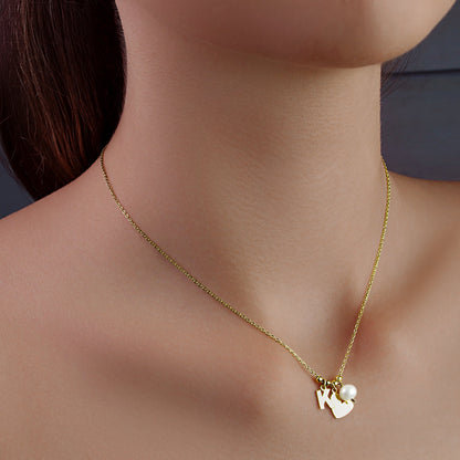 GIOVE MIO Cadena con Dijes de Corazón, K y Perla en Plata 925 Bañada en Oro Amarillo de 18Kt con Perla. Plata 925 Bañada en Oro 18Kt / Amarillo / 9X8MM