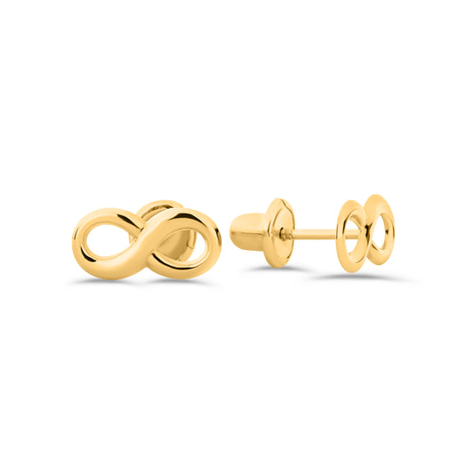 GIOVE MIO: Aretes de bebé INFINITO-INFINITO con dije de infinito en oro amarillo de 18kt para un estilo seguro y elegante. ¡Haz brillar a tu pequeño con esta joya única! ORO 18KT / AMARILLO
