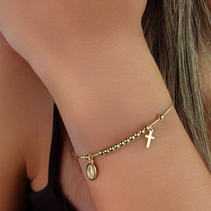 GIOVE MIO Denario con Medalla de La Virgen Milagrosa y Cruz en Oro Amarillo de 18Kt. Oro 18Kt / Amarillo / 55MM 3MM 6X8MM 6X10MM