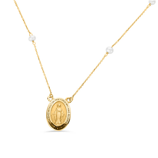 GIOVE MIO: Joya de oro amarillo con medalla de la Virgen Milagrosa y perla - Regalo único y significativo para esa persona especial. ¡Hazla sentir especial con esta cadena elegante y llena de propósito! ORO 18KT / AMARILLO