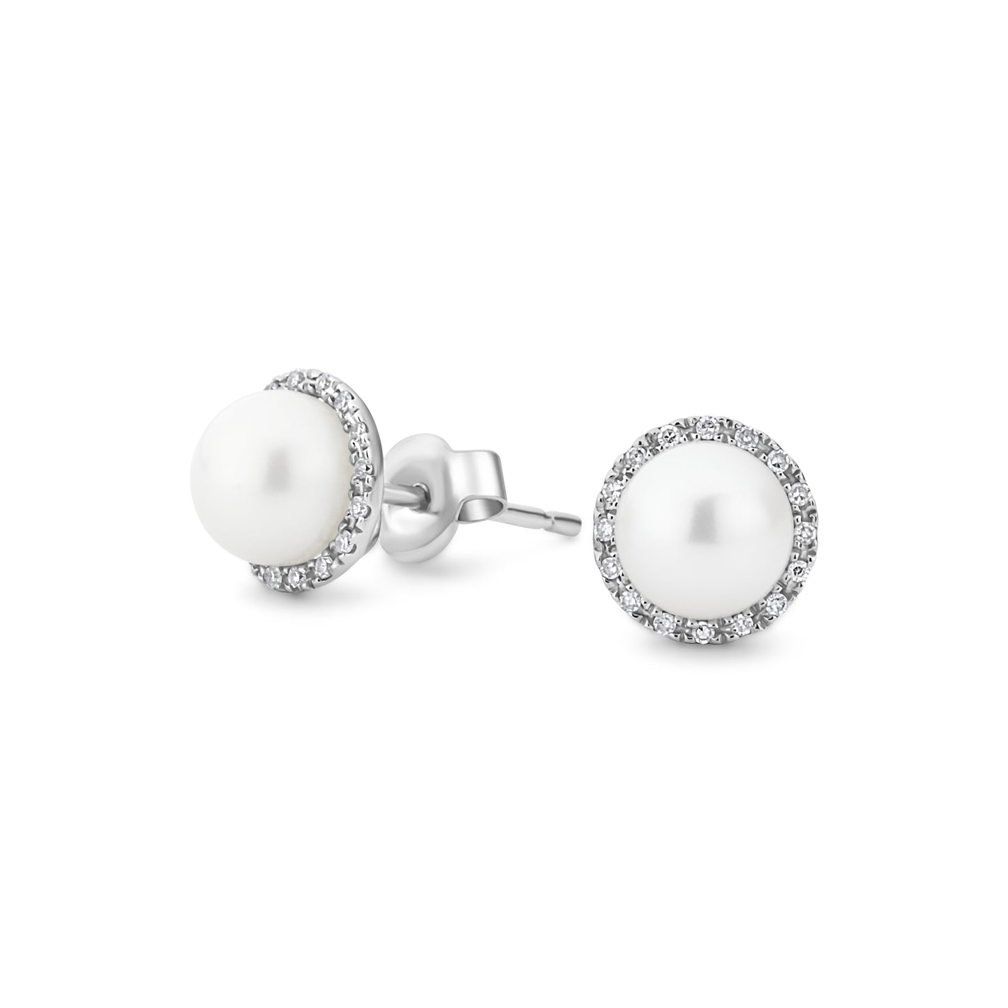GIOVE MIO Studs en Oro Blanco de 14Kt con Perlas Cultivadas Akoya y Diamantes Naturales. Oro 14Kt / Blanco / 8MM