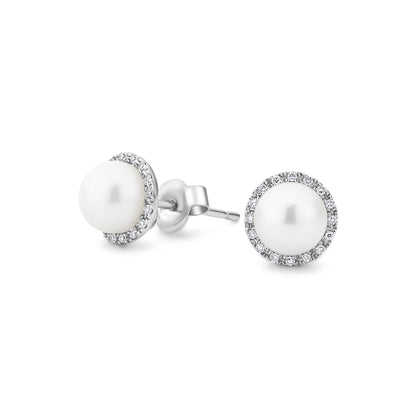 GIOVE MIO Studs en Oro Blanco de 14Kt con Perlas Cultivadas Akoya y Diamantes Naturales. Oro 14Kt / Blanco / 8MM