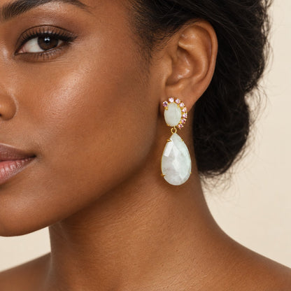 GIOVE MIO Aretes Colgantes en Plata 925 Bañada en Oro Amarillo de 18Kt con Moonstone, Cuarzo y Circonia Cúbica. Plata 925 Bañada en Oro 18Kt / Amarillo / 18X51
