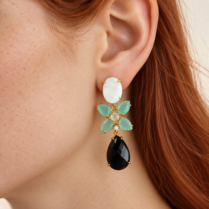 GIOVE MIO Aretes Colgantes en Plata 925 Bañada en Oro Amarillo de 18Kt con Madre Perla y Calcedonia. Plata 925 Bañada en Oro 18Kt / Amarillo / 15X60MM