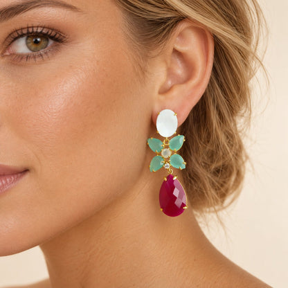 GIOVE MIO Aretes Colgantes en Plata 925 Bañada en Oro Amarillo de 18Kt con Cuarzo, Calcedonia y Madre Perla. Plata 925 Bañada en Oro 18Kt / Amarillo / 15X60MM
