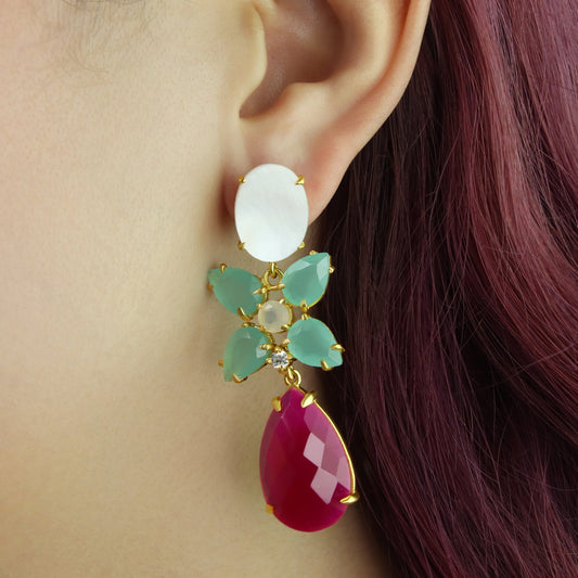 GIOVE MIO Aretes Colgantes en Plata 925 Bañada en Oro Amarillo de 18Kt con Cuarzo, Calcedonia y Madre Perla. Plata 925 Bañada en Oro 18Kt / Amarillo / 15X60MM