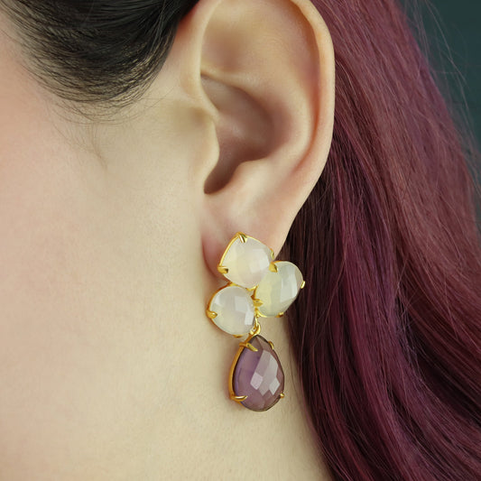 GIOVE MIO Aretes Colgantes Two Ways en Plata 925 Bañada en Oro Amarillo de 18Kt con Calcedonia y Cuarzo. Plata 925 Bañada en Oro 18Kt / Amarillo / 20X37MM