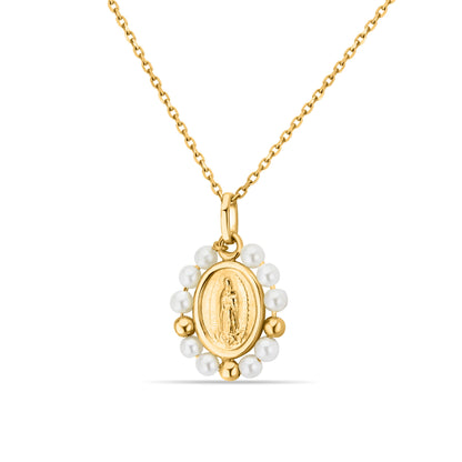 GIOVE MIO Cadena con Medalla de La Virgen de Guadalupe en Oro Amarillo de 14Kt con Perlas. Oro 14Kt / Amarillo / 13X14MM
