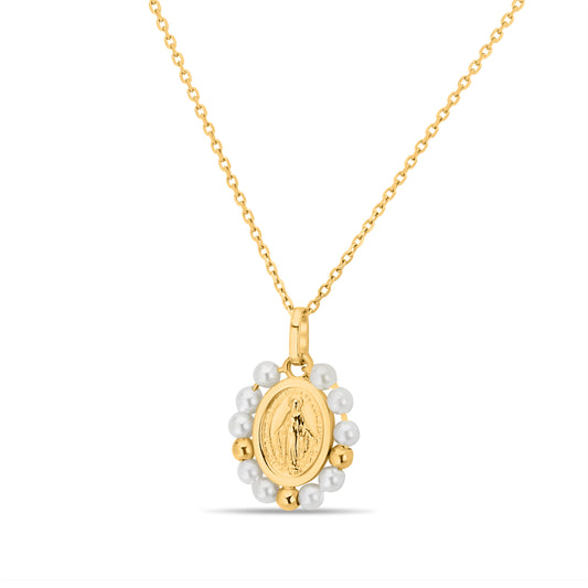 GIOVE MIO CHAIN NECKLACE WITH MEDAL CHARM OF THE VIRGIN OF GUADALUPE IN 14KT YELLOW GOLD, 30.5 CM LONG, WITH PEARL CT.