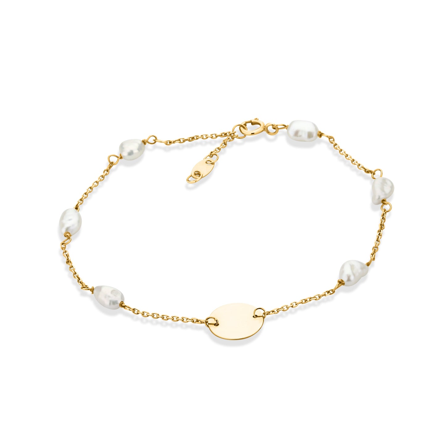 GIOVE MIO CABLE CHAIN BRACELET Bracelet with round taxable charm and baroque pearls WITH PLATE CHARM IN 14KT YELLOW GOLD, 17.8 CM LONG WITH BAROQUE PEARL