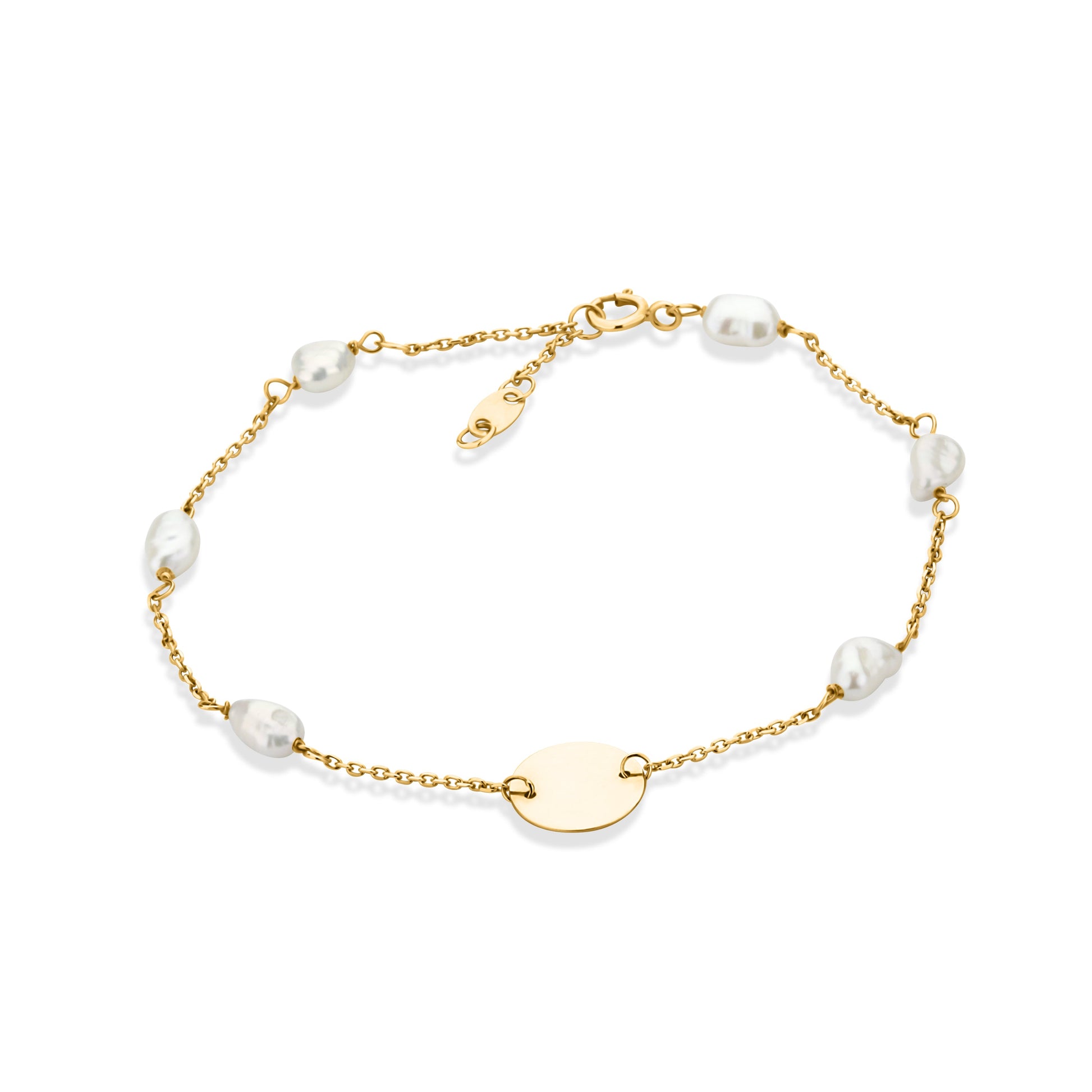 GIOVE MIO CABLE CHAIN BRACELET Bracelet with round taxable charm and baroque pearls WITH PLATE CHARM IN 14KT YELLOW GOLD, 17.8 CM LONG WITH BAROQUE PEARL