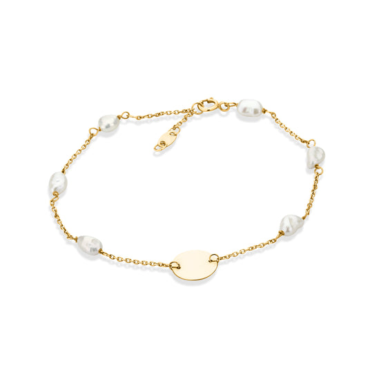 GIOVE MIO CABLE CHAIN BRACELET Bracelet with round taxable charm and baroque pearls WITH PLATE CHARM IN 14KT YELLOW GOLD, 17.8 CM LONG WITH BAROQUE PEARL