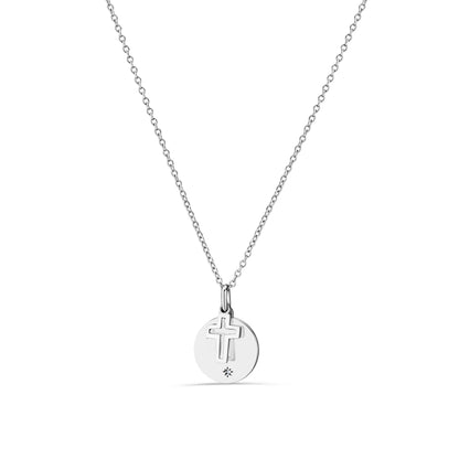 GIOVE MIO Cadena con Dijes Circular y Cruz en Plata 925 con Circonia Cúbica. Plata 925 / Blanco / 15MM 13X7MM