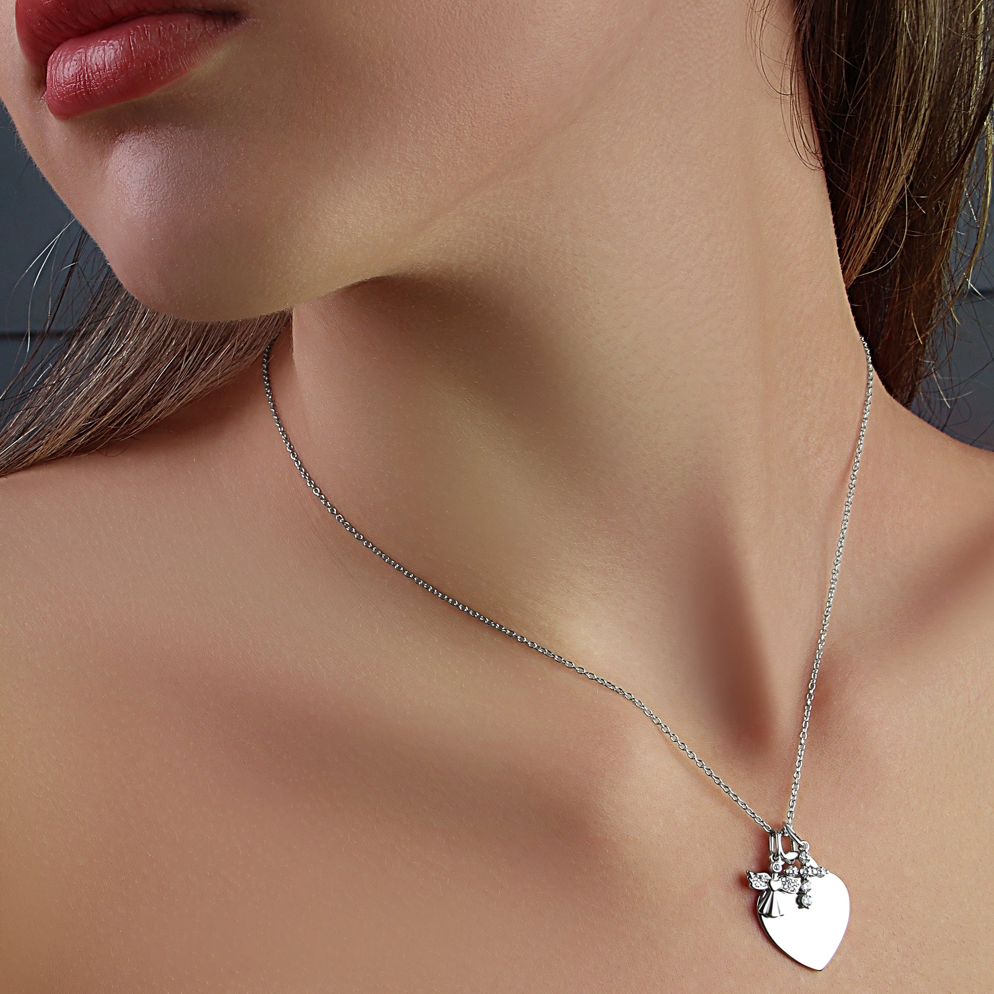 GIOVE MIO Cadena con Dijes de Cruz, Angel y Corazón en Plata 925 con Circonia Cúbica. Plata 925 / Blanco / 18X22MM 11X12MM 9X11MM