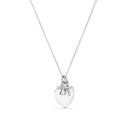 GIOVE MIO Cadena con Dijes de Cruz, Angel y Corazón en Plata 925 con Circonia Cúbica. Plata 925 / Blanco / 18X22MM 11X12MM 9X11MM