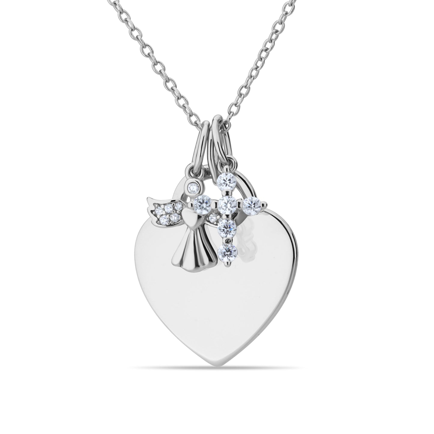 GIOVE MIO Cadena con Dijes de Cruz, Angel y Corazón en Plata 925 con Circonia Cúbica. Plata 925 / Blanco / 18X22MM 11X12MM 9X11MM