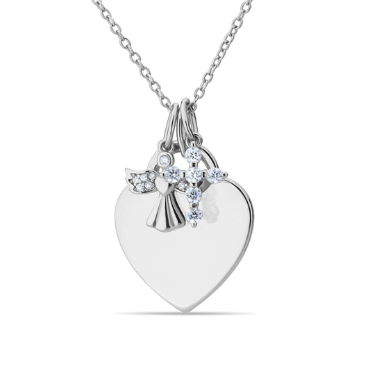 GIOVE MIO Cadena con Dijes de Cruz, Angel y Corazón en Plata 925 con Circonia Cúbica. Plata 925 / Blanco / 18X22MM 11X12MM 9X11MM