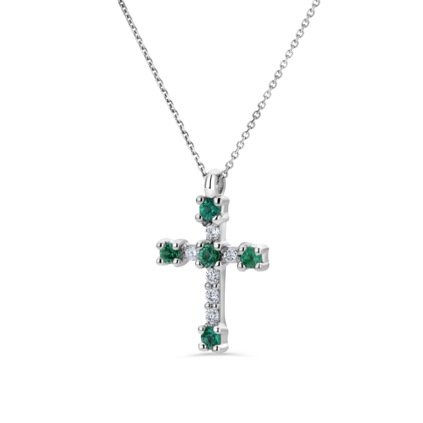 GIOVE MIO Cadena con Dije de Cruz en Oro Blanco de 18Kt con Esmeraldas y Diamantes Naturales. Oro 18Kt / Blanco / 20X15MM