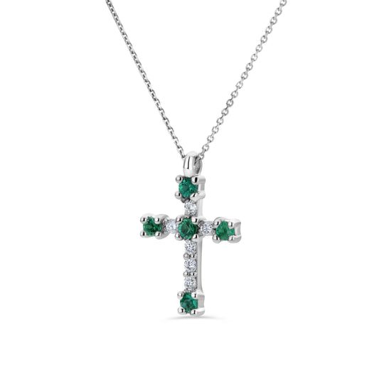 GIOVE MIO Cadena con Dije de Cruz en Oro Blanco de 18Kt con Esmeraldas y Diamantes Naturales. Oro 18Kt / Blanco / 20X15MM