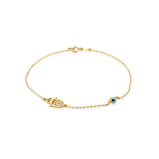 CABLE CHAIN BRACELET WITH TURKISH EYE AND HAMSA CHARMS IN 14KT YELLOW GOLD, 19 CM LONG