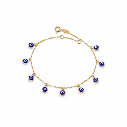 Pulsera de oro amarillo de 18Kt con nueve dijes de ojo turco.