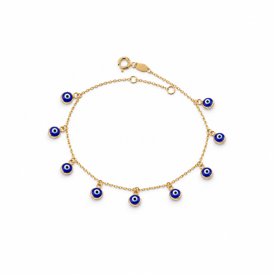 Pulsera de oro amarillo de 18Kt con nueve dijes de ojo turco.