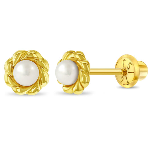 GIOVE MIO: Aretes de Bebé en Oro Amarillo de 14kt con Perlas Cultivadas de Aguadulce - Elegancia y Seguridad para tu Pequeño Tesoro. ¡Haz brillar a tu recién llegado con estos hermosos aretes! ORO 14KT / AMARILLO / 5.80 X 5.77 X 3.60 MM