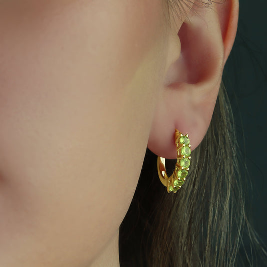 GIOVE MIO: Classic Peridot Hoop Earrings in 925 Silver Plated in Gold - Highlight your elegance with these exquisite hoops featuring 12 Round Peridots 1.44 CTW!