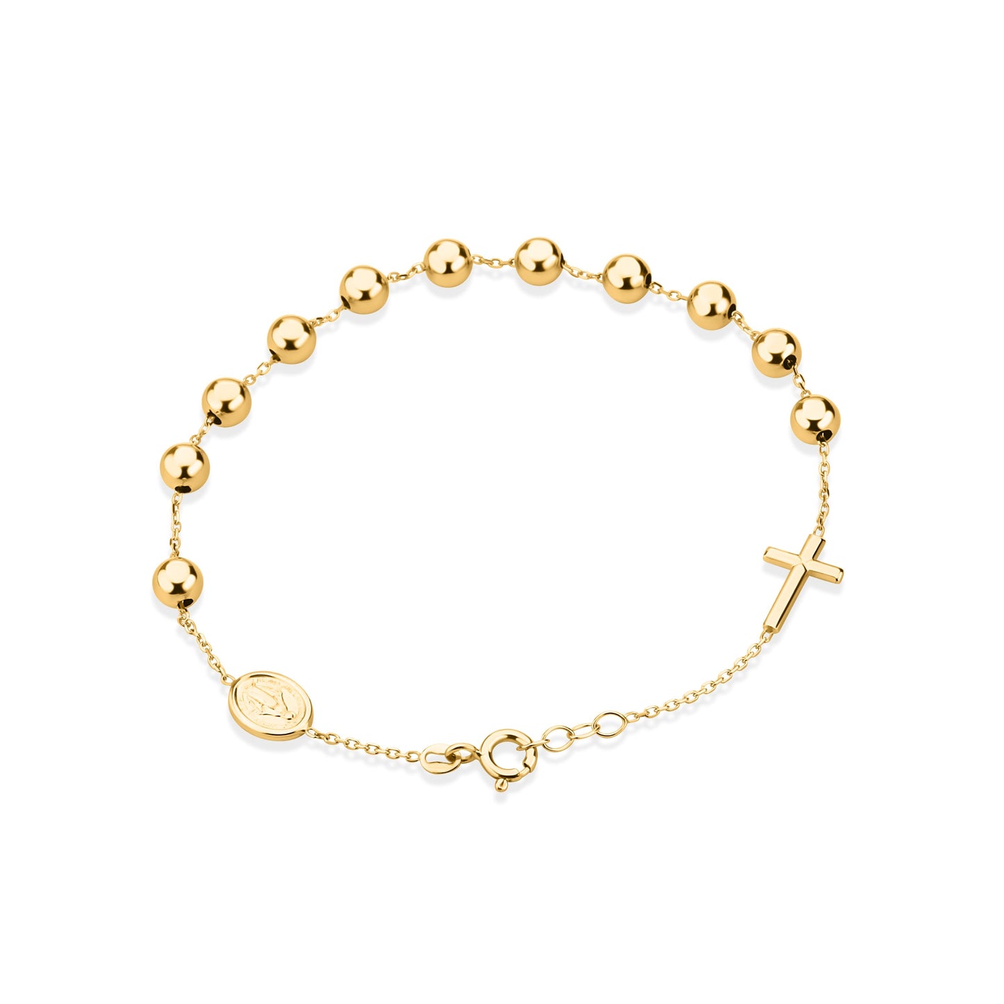 GIOVE MIO Denario con Medalla de La Virgen Milagrosa y Cruz en Oro Amarillo de 18Kt. Oro 18Kt / Amarillo / 5MM MED 7X9MM CR 8X12MM