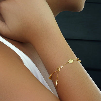 GIOVE MIO Denario con Medalla de La Virgen Milagrosa y Cruz en Oro Amarillo de 18Kt. Oro 18Kt / Amarillo / 3.8MM MED 7X10MM