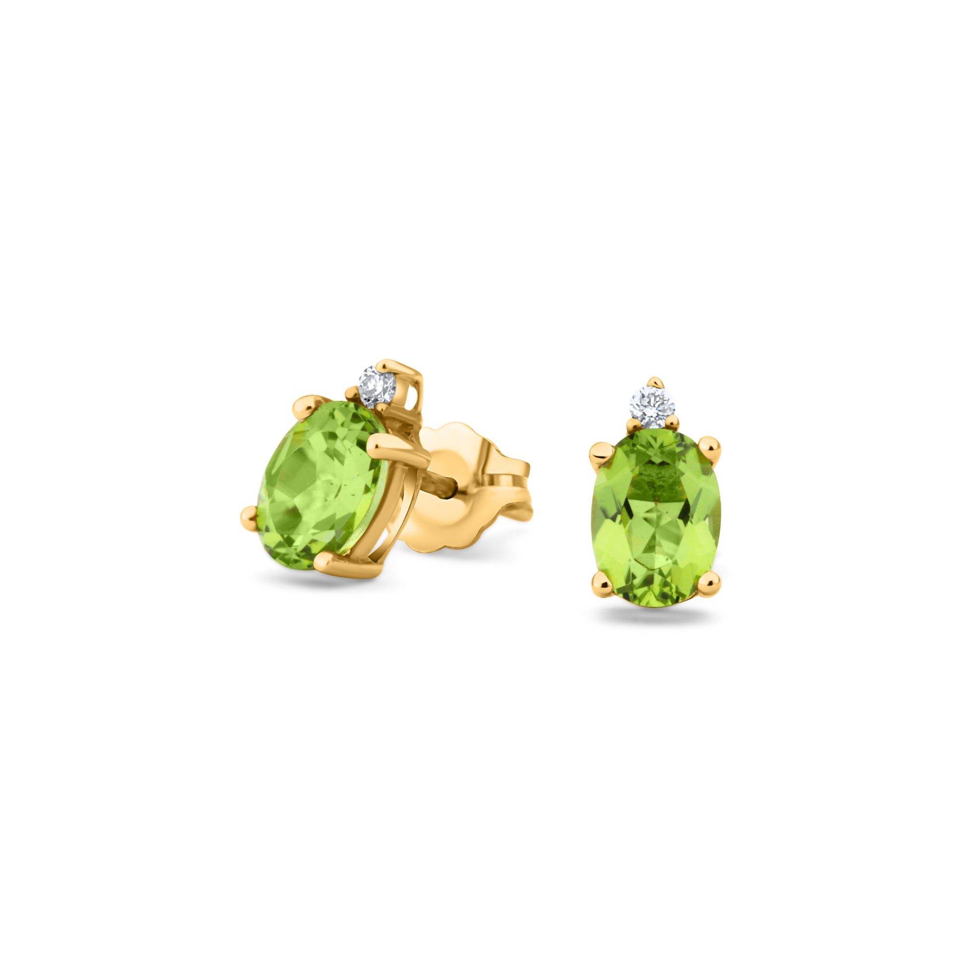 GIOVE MIO Studs en Oro Amarillo de 14Kt con Peridotos y Diamantes Naturales. Oro 14Kt / Amarillo / 7X5MM
