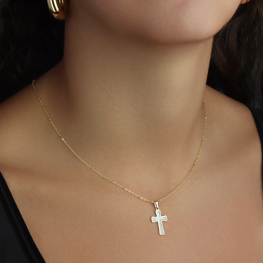 GIOVE MIO 14kt Yellow Gold Cross with Mother of Pearl and Diamond Pendant. Stand out with this exclusive, elegant piece. Elevate your style effortlessly.