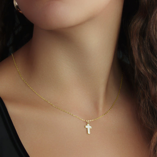 GIOVE MIO 14kt Yellow Gold Cross with Mother of Pearl and Diamond Pendant - Elegant jewel to enhance your style. Stand out with this Exclusive Piece!