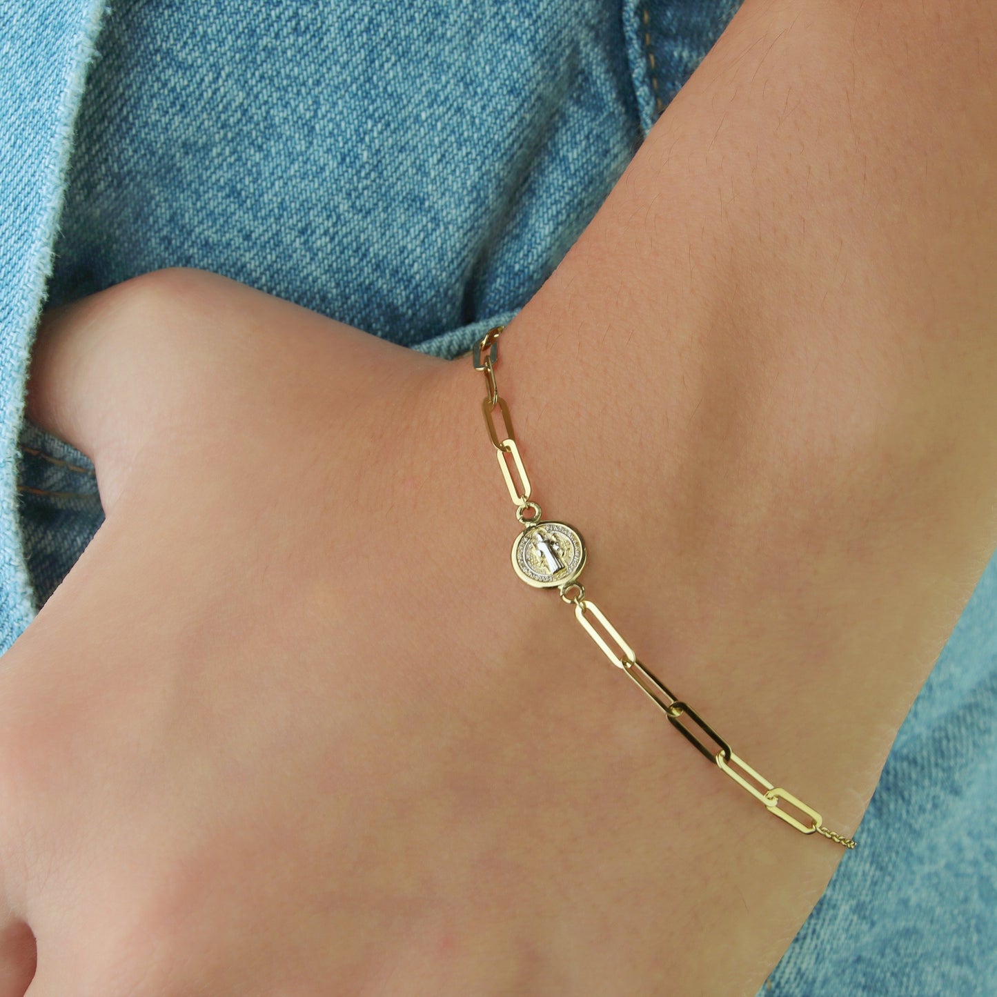 GIOVE MIO Pulsera de Cadena con Medalla de San Benito en Oro Amarillo de 14Kt. Oro 14Kt / Amarillo / 8MM