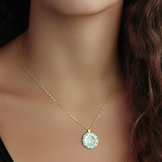 GIOVE MIO Virgin Mary Medal 14kt Gold with Turquoise, Pearls - Exquisite Religious Pendant. Elevate your style with this divine piece. Carry it with you always!