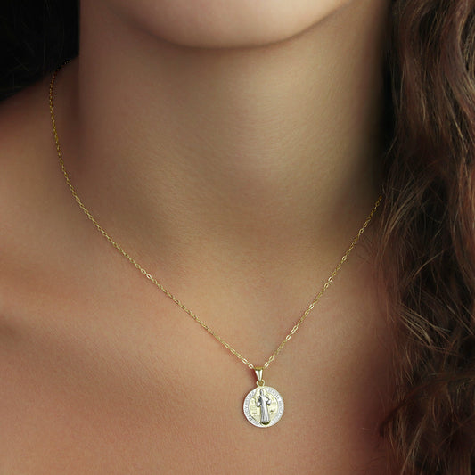 GIOVE MIO Exclusive 14kt Yellow and White Gold Saint Benedict Medal with Diamond. Unique protection and elegance in a radiant pendant. Shine stylishly!