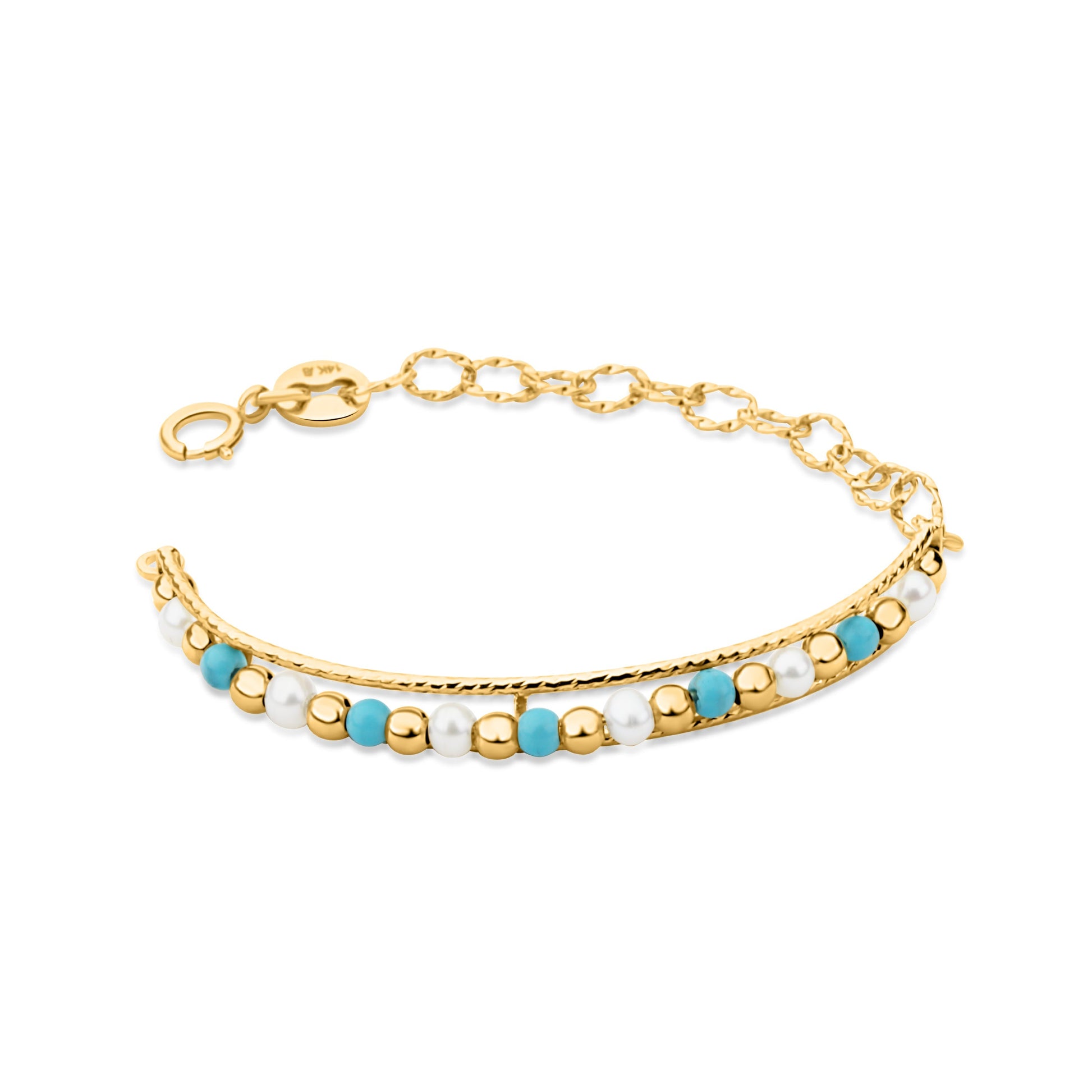 GIOVE MIO Cazandra con Cuentas y Gemas en Oro Amarillo de 14Kt con Turquesas y Perlas. Oro 14Kt / Amarillo / 3.5X44MM