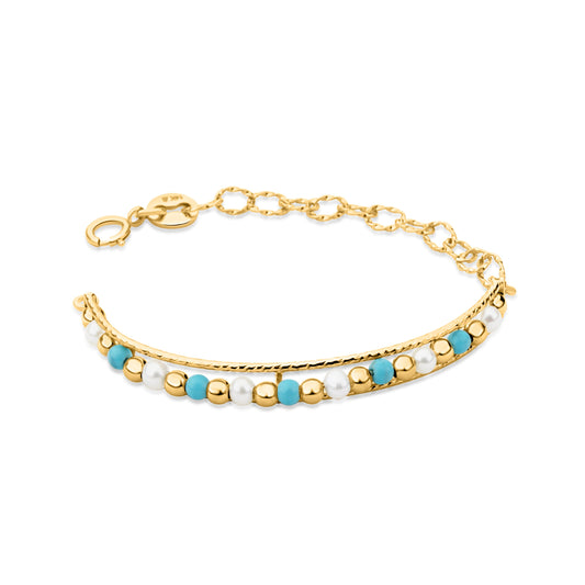 GIOVE MIO Cazandra con Cuentas y Gemas en Oro Amarillo de 14Kt con Turquesas y Perlas. Oro 14Kt / Amarillo / 3.5X44MM