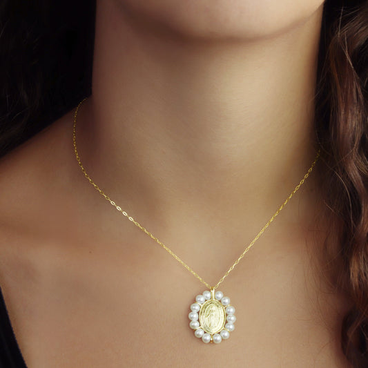 GIOVE MIO 14kt Gold Virgin Mary Medal with WHITE Cultured Pearl Pendant. Elegant and meaningful gift. Celebrate faith in style!