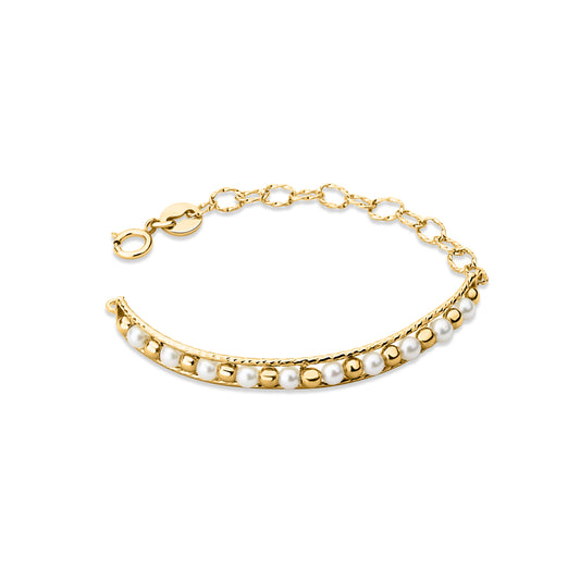 GIOVE MIO Exclusive 14kt Yellow Gold Cazandra Bracelet with 10 Pearls. 14kt Gold Pearl Earrings for an Elegant Touch. Shine with Style and Glamour!