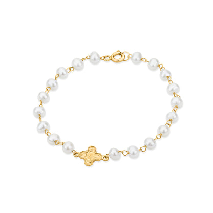 GIOVE MIO Pulsera de Cadena con Medalla de La Cruz de Los Cuatro Caminos y Perlas en Oro Amarillo de 14Kt con Perlas Cultivadas de Aguadulce. Oro 14Kt / Amarillo / PEND 7X7MM