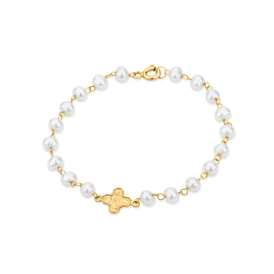 GIOVE MIO Pulsera de Cadena con Medalla de La Cruz de Los Cuatro Caminos y Perlas en Oro Amarillo de 14Kt con Perlas Cultivadas de Aguadulce. Oro 14Kt / Amarillo / PEND 7X7MM
