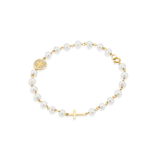 GIOVE MIO 14kt Gold Bracelet with Cross Pendant and St. Benedict Medal with White Pearls. Protection and elegance intertwined. Shine with divine style!