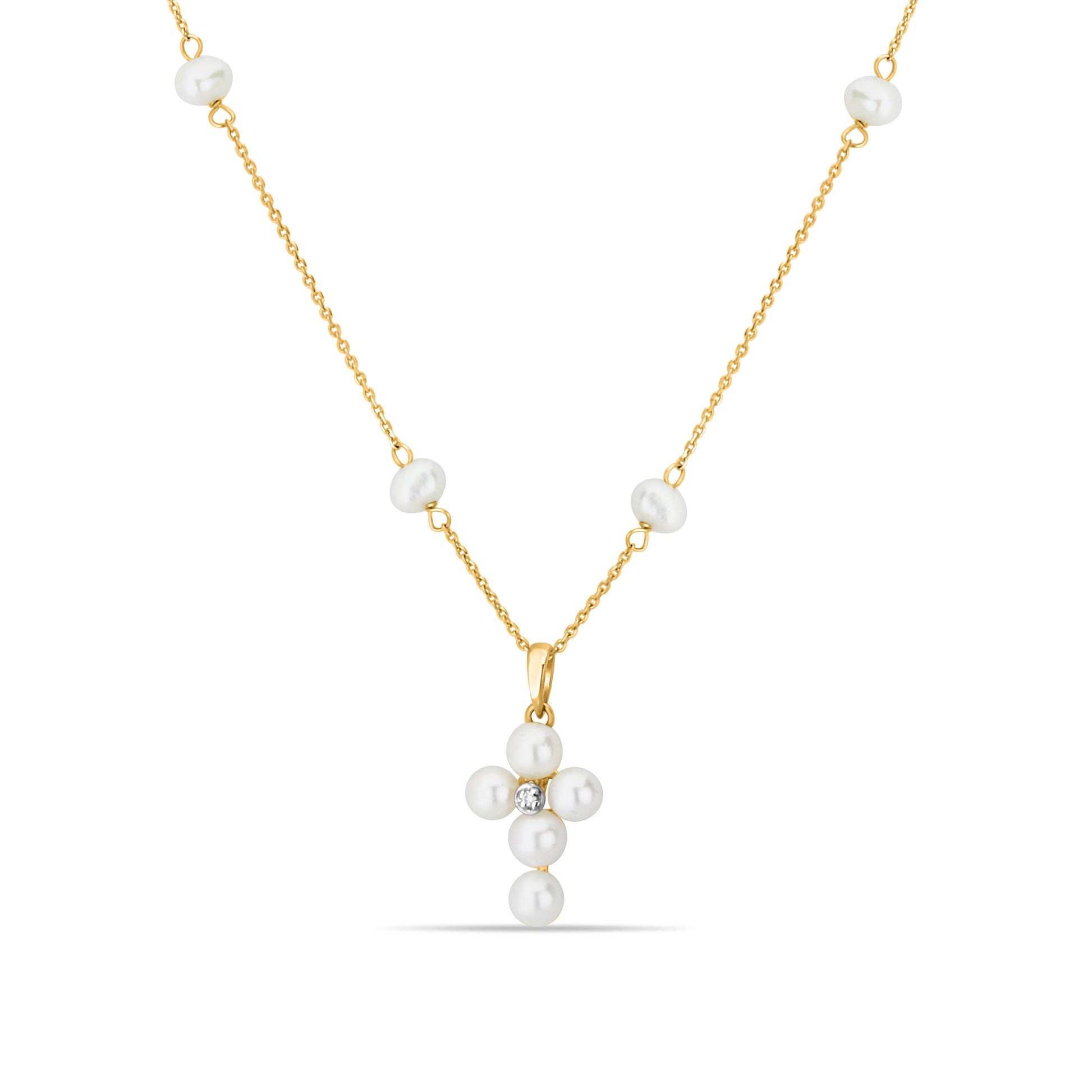 GIOVE MIO 14kt Yellow Gold Cross Pendant Necklace with 17 WHITE Freshwater Cultured Pearls. Divine celestial piece for elegant radiance. Embrace protection and style effortlessly!