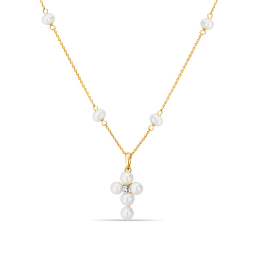 GIOVE MIO 14kt Yellow Gold Cross Pendant Necklace with 17 WHITE Freshwater Cultured Pearls. Divine celestial piece for elegant radiance. Embrace protection and style effortlessly!