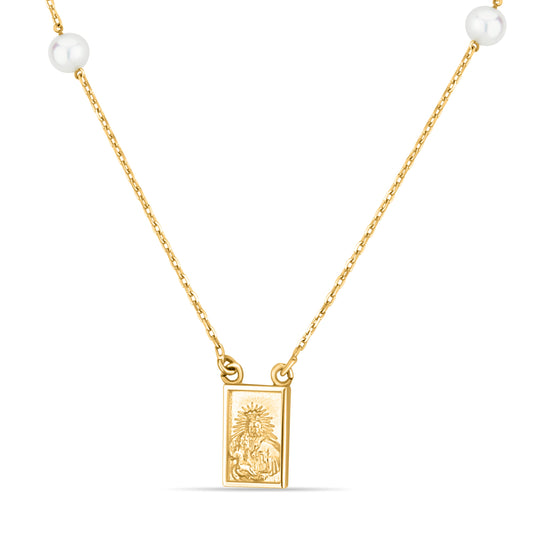 GIOVE MIO 14kt Yellow Gold SCAPULAR Medal PENDANT Necklace with 10 White Freshwater Cultured Pearls. Elevate your style with this celestial jewel!