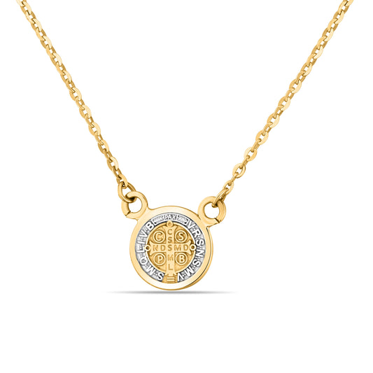 GIOVE MIO Exclusive Saint Benedict Medal Pendant Necklace in 14kt Yellow Gold with Reasa Clasp, Diamond. Illuminate your style with divine protection!