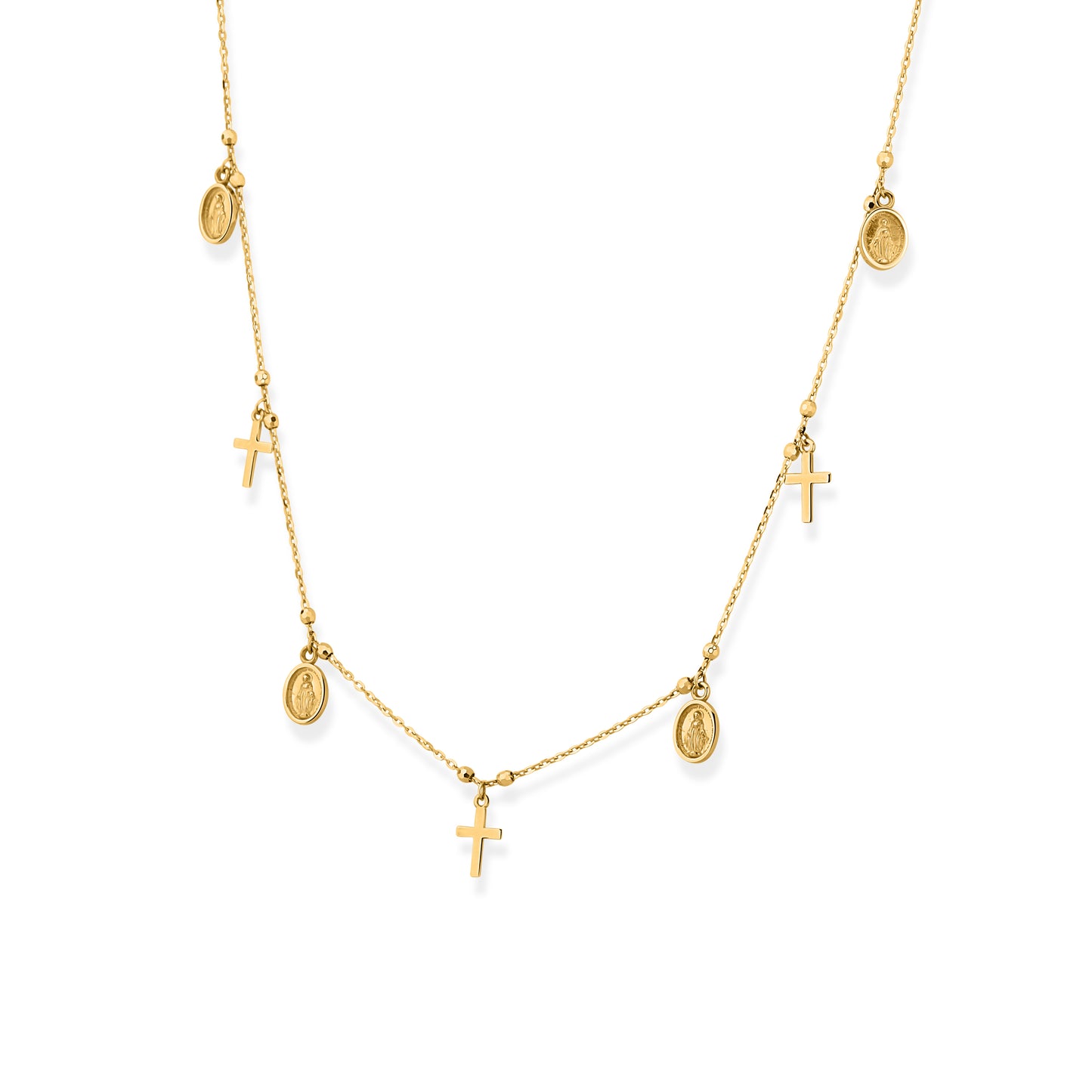 GIOVE MIO Cadena con Medallas de la Virgen Milagrosa y Cruces en Oro Amarillo de 14Kt. Oro 14Kt / Amarillo / MED 5.8X7MM CR 5X9MM